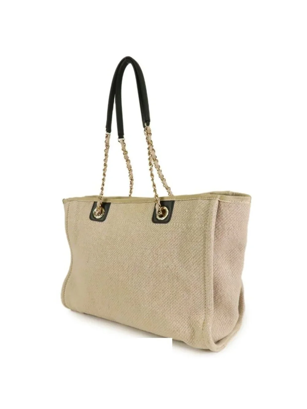 Chanel Deauville MM Beige Gold Canvas Leather 2-Way Shoulder Bag
